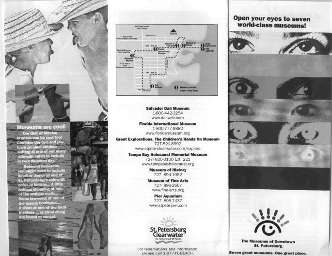 New product development grant money was available and the museums applied as a group.  It took some coaxing and there was still some push-back that bed tax money shouldn't be spent promoting cultural attractions in downtown St. Petersburg. But it passed and this black and white scan shows a little of the brochure that was produced focusing on the seven downtown St. Petersburg museums.