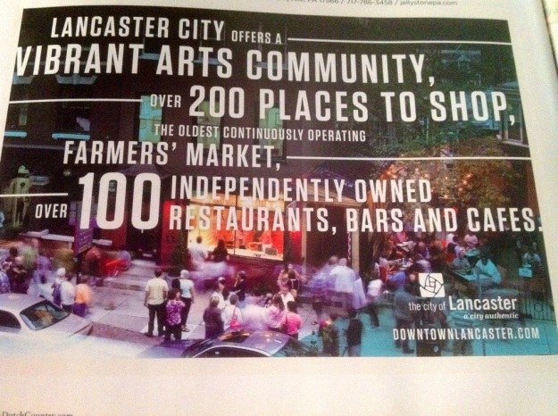 This is an incredible ad for Lancaster, Pennsylvania that actually appears in a county tourism guide, not the state guide, but it clearly shows off several trends including the arts and the local concept quite well.